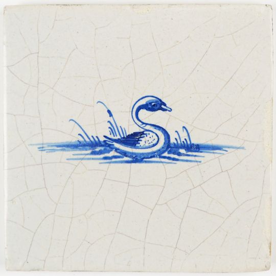 Antique Delft tile with a lovely swan in blue, 17th century