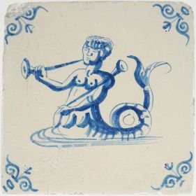 Antique Delft tile with a sea creature blowing a horn, 17th century