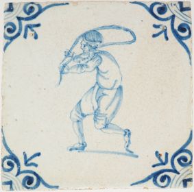 Antique Delft tile with a jumping rope, 17th century