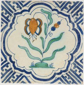 Antique Delft tile with a Turk's cap lily, 17th century