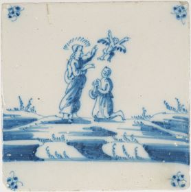 Antique Delft tile depicting the Biblical scene in which Jesus restores a demon possessed man,18th century