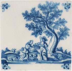 Antique Delft tile with a romantic pastoral scene, 18th century