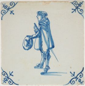Antique Delft tile with a soldier, 17th century 