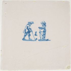 Antique Delft tile with depicting two children playing a game of beugelen, 17th century