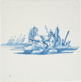 Antique Delft tile with a horse and buggy, 17th century