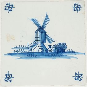 Antique Delft tile with a post mill, 17th century