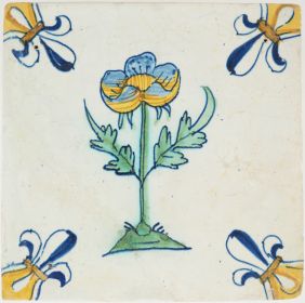 Antique Delft tile with a Peony flower, 17th century