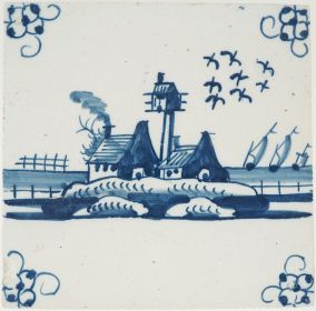 Antique Delft tile with a dovecote, 18th - 19th century