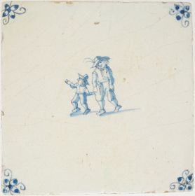 Antique Delft tile witha father and son strolling through town, 17th century