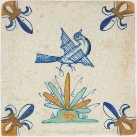 Antique Delft tile with a bird in flight, 17th century 