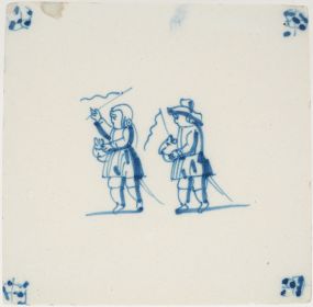 Antique Delft tile with two persons with hobby horses, 18th century