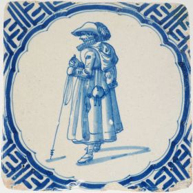 Antique Delft tile with a traveller, 17th century
