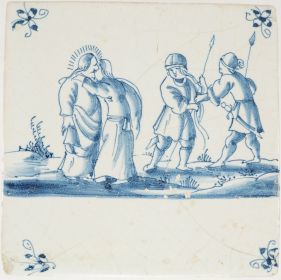 Antique Delft tile with the kiss of Judas, 17th century