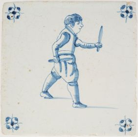 Antique Delft tile depicting a boy playing a game of tip-cat, 17th century