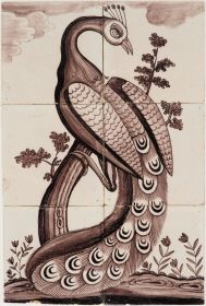 Antique Delft tile mural in manganese with a peacock, 18th century