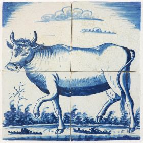 Antique Delft tile mural with a cow facing to the left, early 19th century