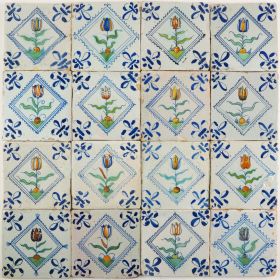 Antique Delft wall tiles with Tulips in diamond squares, 17th century