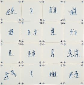 Hand-painted Delft tiles with child's play scenes in blue - Poarte P-15 series / 1-16 tiles