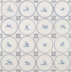Hand-painted Delft tiles with springers in blue - Poarte P-17 series / 1-16 tiles