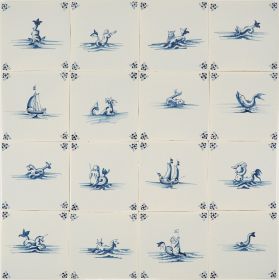 Hand-painted Delft tiles with sea life in blue - Poarte P-18 series / 1-16 tiles