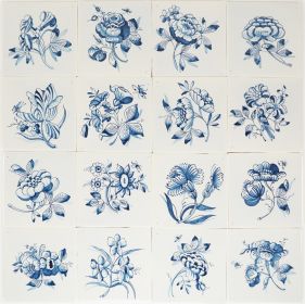 Hand-painted Delft tiles with large flowers in blue - Poarte P-3 series / 1-16 tiles