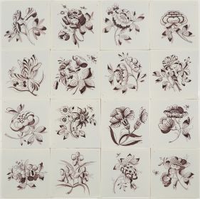 Hand-painted Delft tiles with large flowers in manganese - Poarte P-3 series / 1-16 tiles