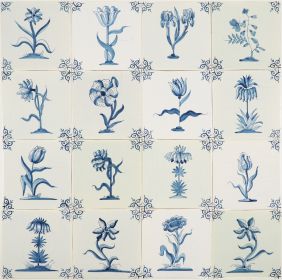 Hand-painted Delft tiles with flowers and ox-head corner motif in blue -  Poarte P-4 series - 16 tiles
