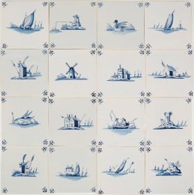 Hand-painted Delft tiles with small landscapes in blue - Poarte P6 series / 1-16 tiles