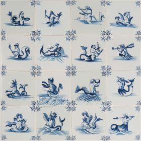 Hand-painted Delft tiles with mermaids, mermen and sea monsters