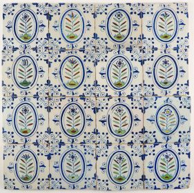 Antique Delft wall tiles with colorful flowers, 17th century