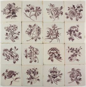 Antique Delft wall tiles with large flowers, 18th/19th century