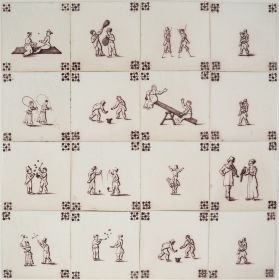 Antique Delft wall tiles in manganese with many different child's play scenes, 19th century 
