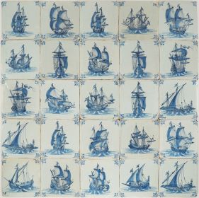 Antique Dutch Delft wall tiles in blue with ships, 17th century - full set