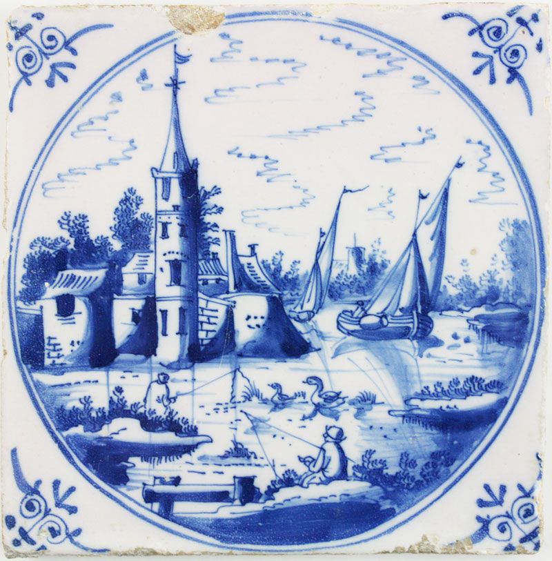 ANTIQUE CERAMIC COBALT tile 2024 with image bridge with sailing ships, no: 33