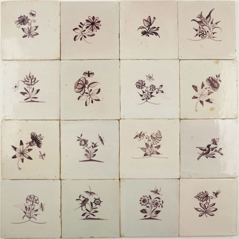 Antique Delft wall tiles with small flowers, 18th - 19th century