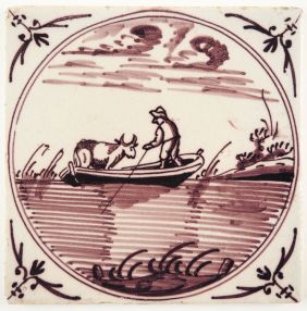 Antique Delft tile with a cow being transported in a rowing boat, 19th century