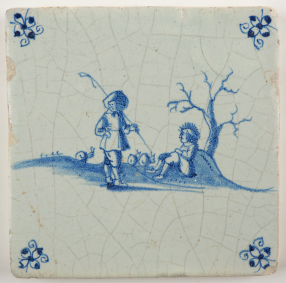 Antique Delft tile with two shepherds, 17th century