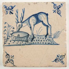Antique Delft tile depicting a stag seeing his own reflection in the water (fable), 17th century