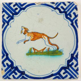 Antique Delft tile with a sighthound, 17th century