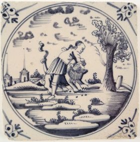 Antique Delft tile with Simson slaying the lion, 18th century