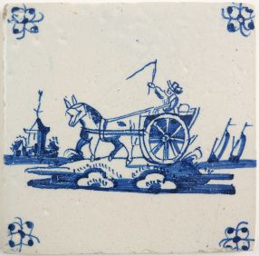 Antique Delft tile with a horse and buggy, 18th century