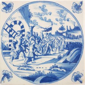 Antique Delft tile depicting Jesus carrying the cross, 18th century