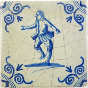 Antique Delft tile with a man dancing, 17th century