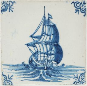 Antique Delft tile with a Fluyt, 17th century