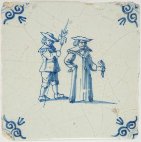 Antique Delft tile with bailiff and halberd, 17th century 