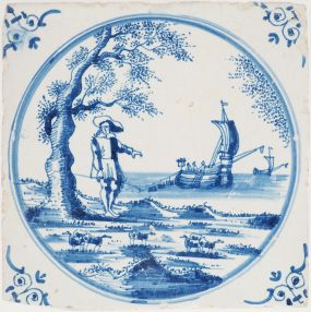 Antique Delft tile with a shepherd and a herring buss, 17th century