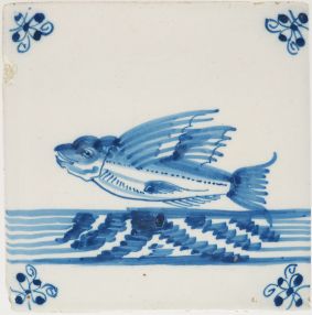Antique Delft tile with a flying fish, 17th - 18th century