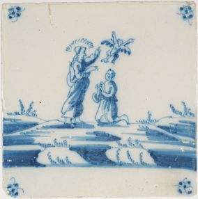 Antique Delft tile depicting the Biblical scene in which Jesus restores a demon possessed man,18th century