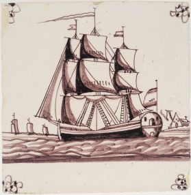 Antique Delft tile with a tall ship under sail, 18th century