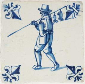 Antique Delft tile with a rat-catcher, 17th century